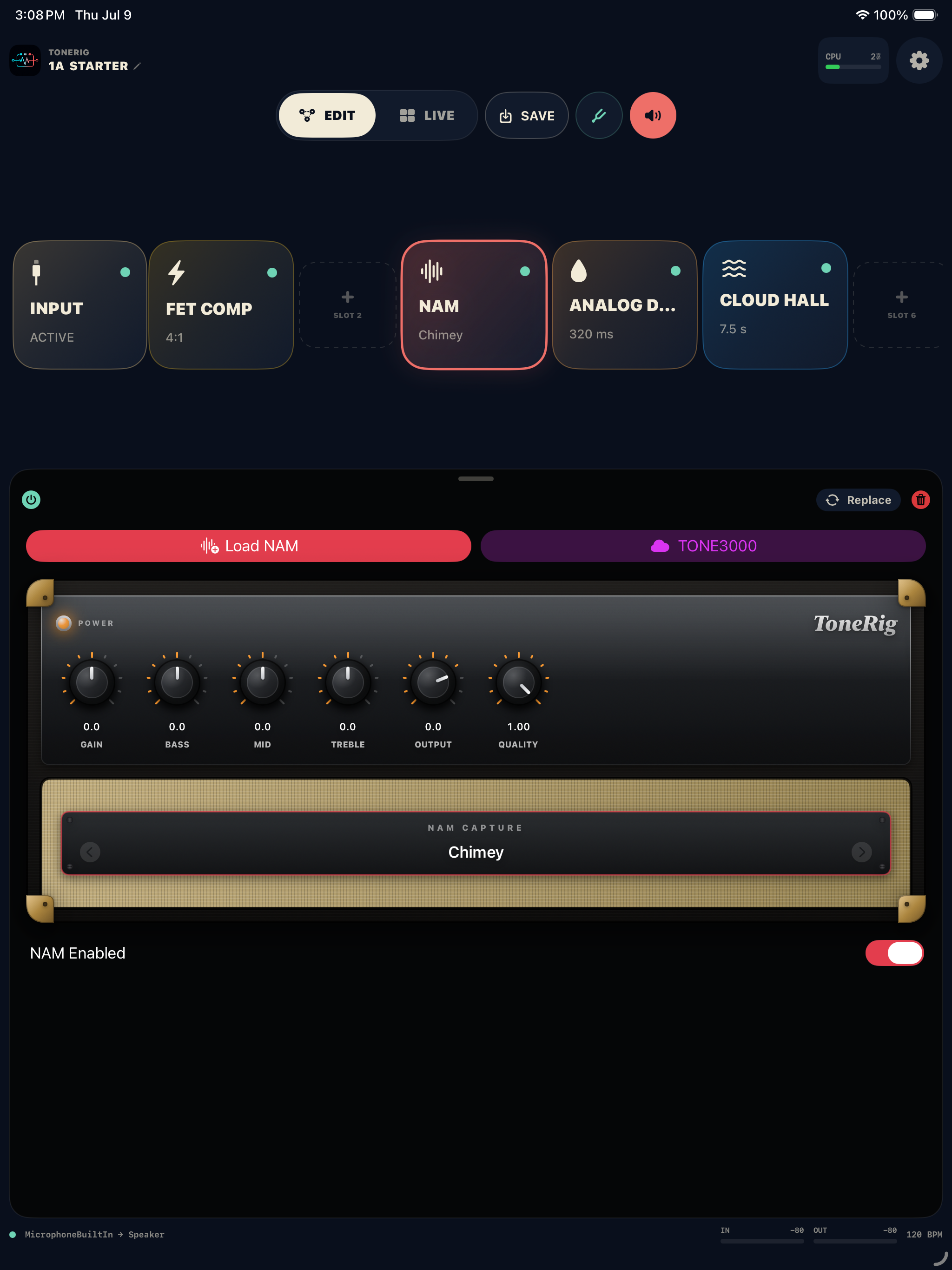 ToneRig Edit workspace with a reorderable signal chain and NAM controls